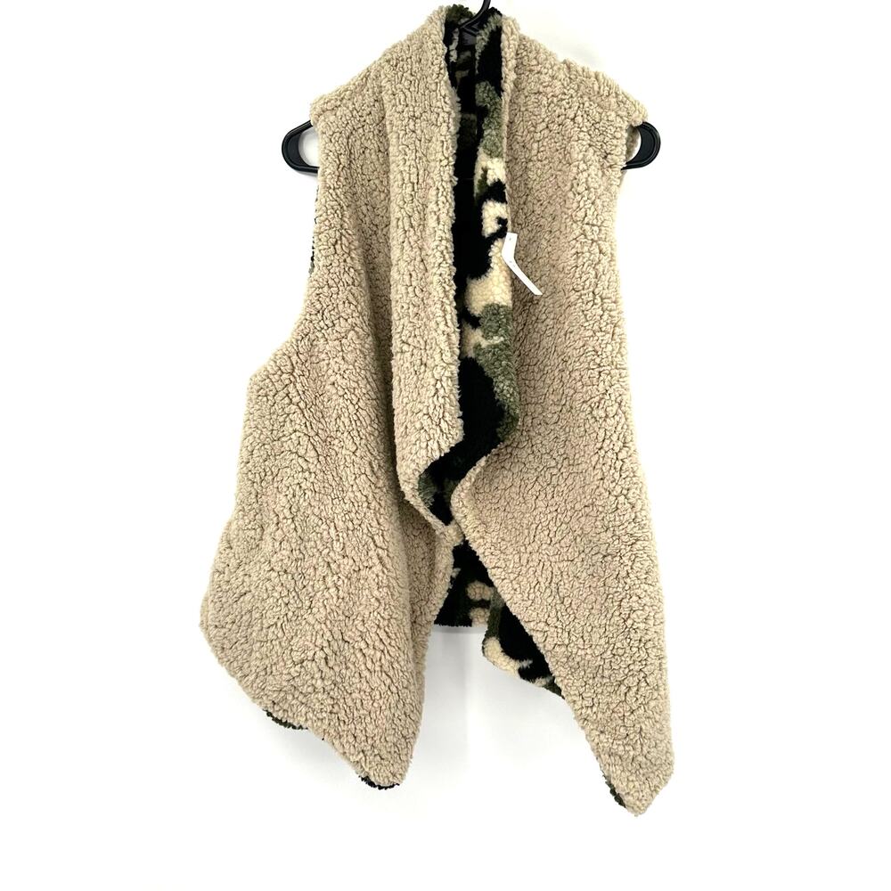 Womens Reversible Vest One Size Cream Camo‎ Print Pockets Drape Asymmetrical NWT